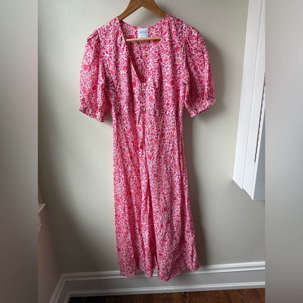 MISA Betsee Dress Pink Safari Floral‎ Midi Cottagecore Coquette Puff Sleeves XS
